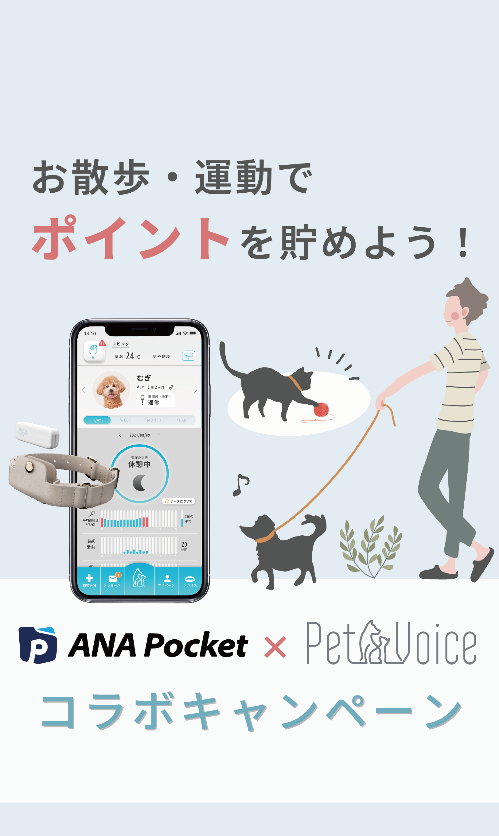 PetVoiceを着けてお散歩・運動でANA Pocketポイント付与